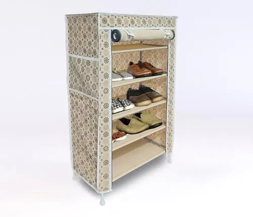 Fabura 5 Layer With Rust Proof PVC Pipe Shoe Rack In Beige Floral Color