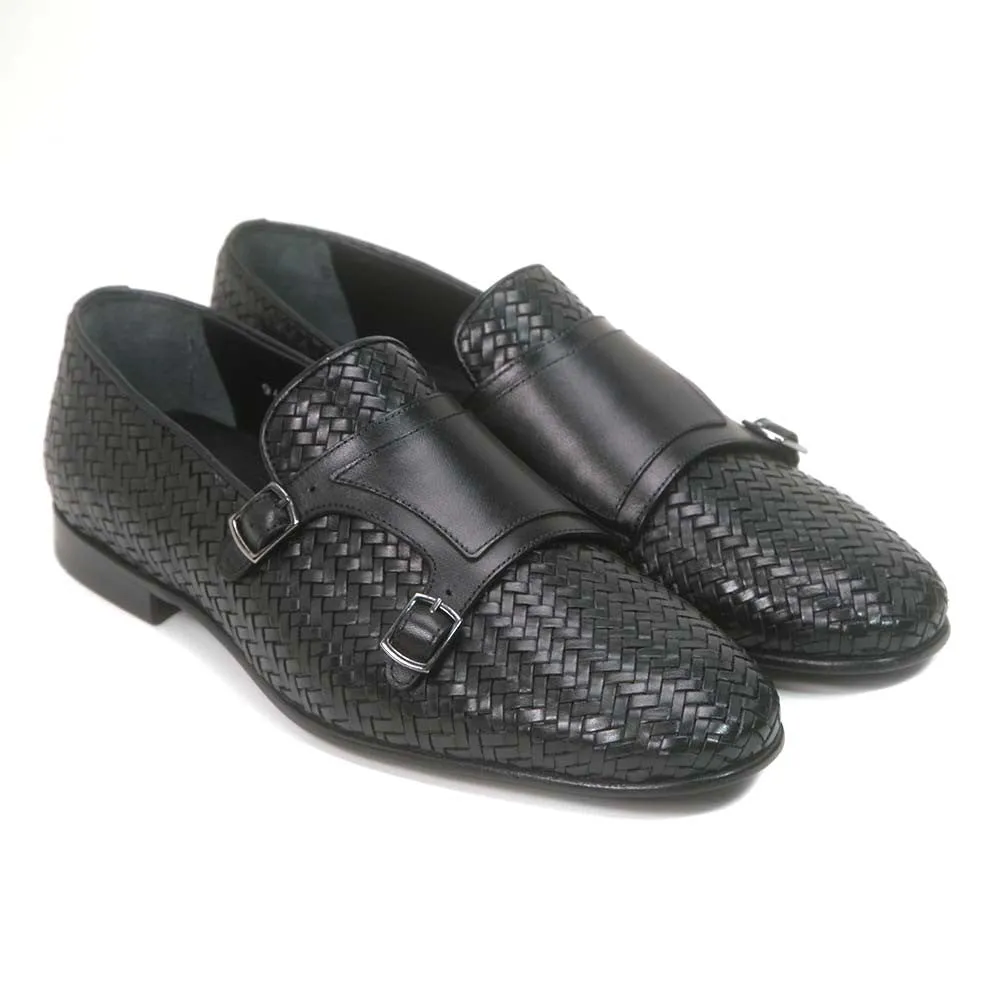 Golden Pass Black Woven Double Buckle Monk Strap Men's Shoes