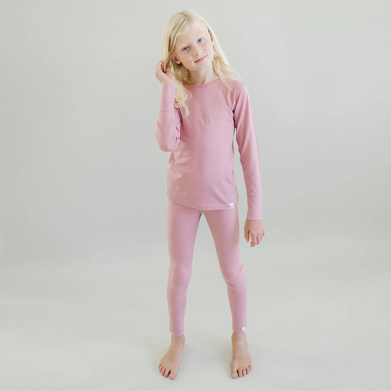 Kids Merino Wool Base Layer, Long Sleeve Top, Blush Pink