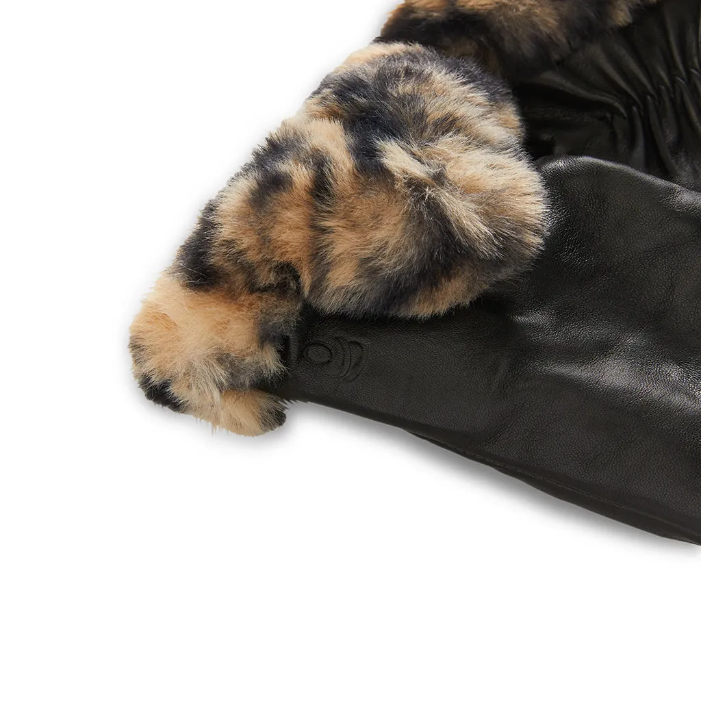 Leather Glove with Printed Faux Fur Cuff