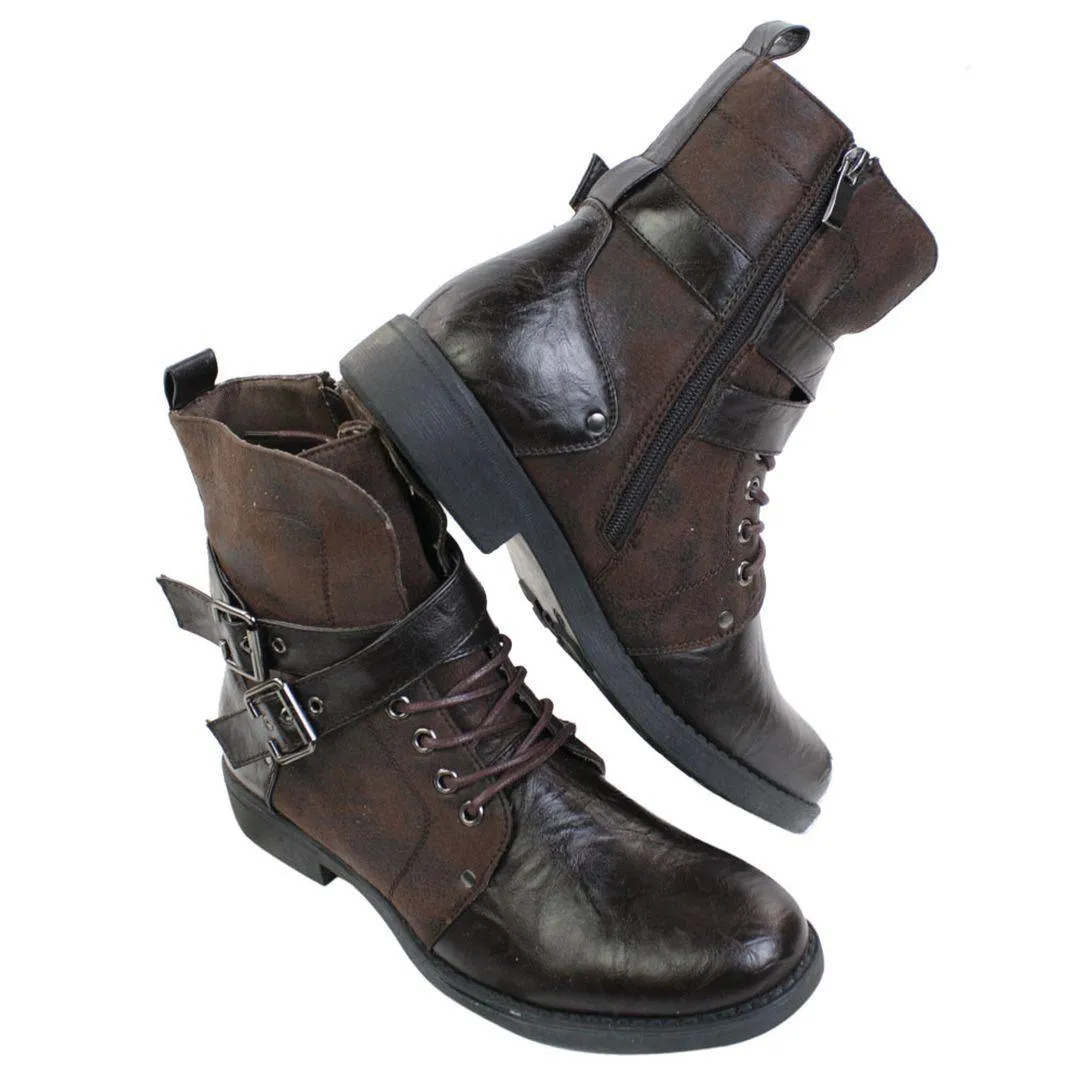 Mens Punk Rock Goth Elmo Ankle Boots Brown Black Leather Buckle