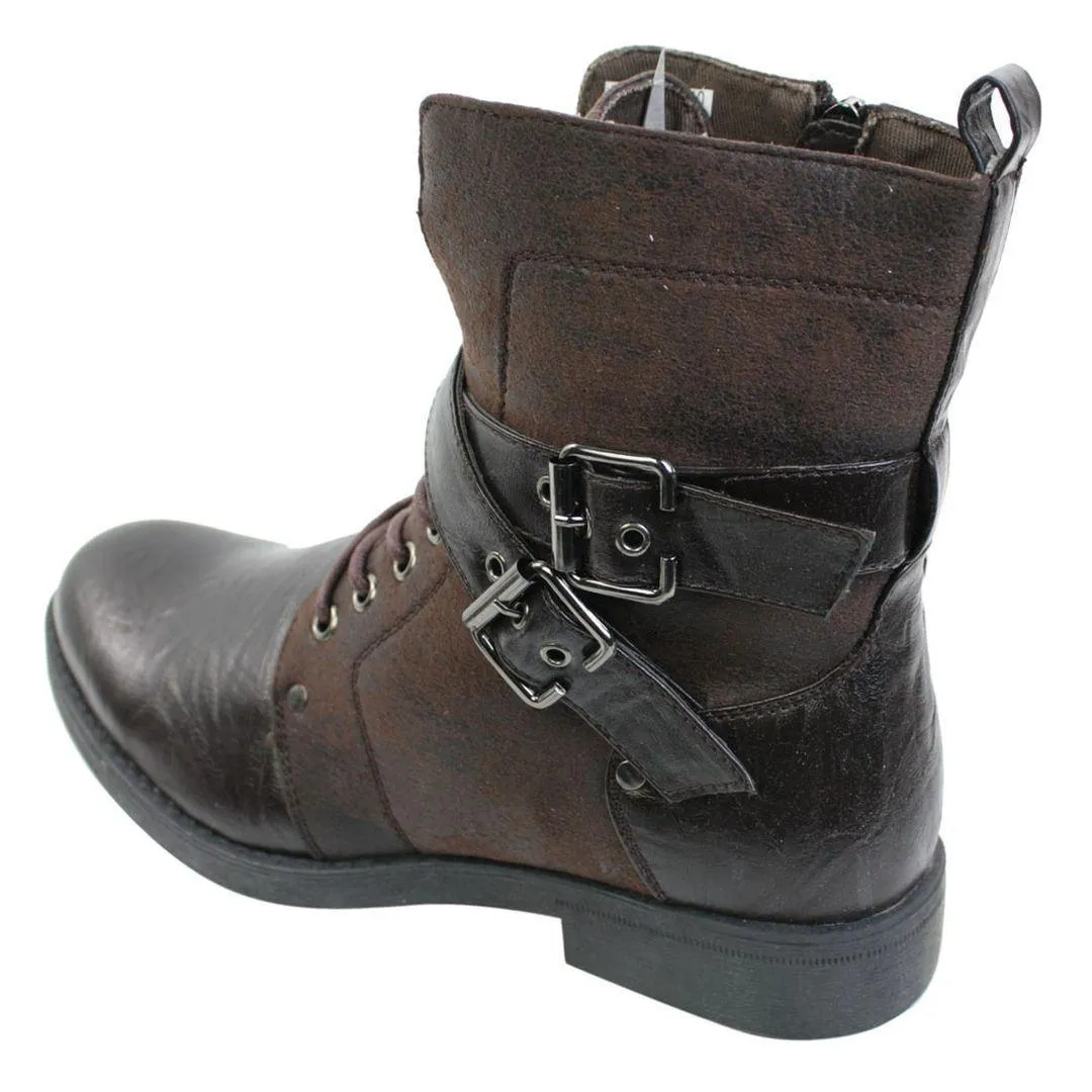 Mens Punk Rock Goth Elmo Ankle Boots Brown Black Leather Buckle