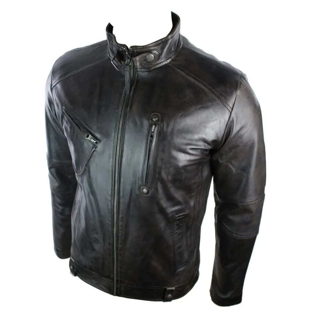 Mens Real Leather Biker Jacket Vintage Dark Brown Zipped Funky Retro Casual