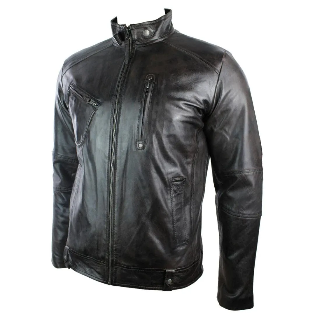 Mens Real Leather Biker Jacket Vintage Dark Brown Zipped Funky Retro Casual