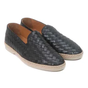 Sigotto Uomo Black Analin Woven Leather Loafer with Rubber Sole