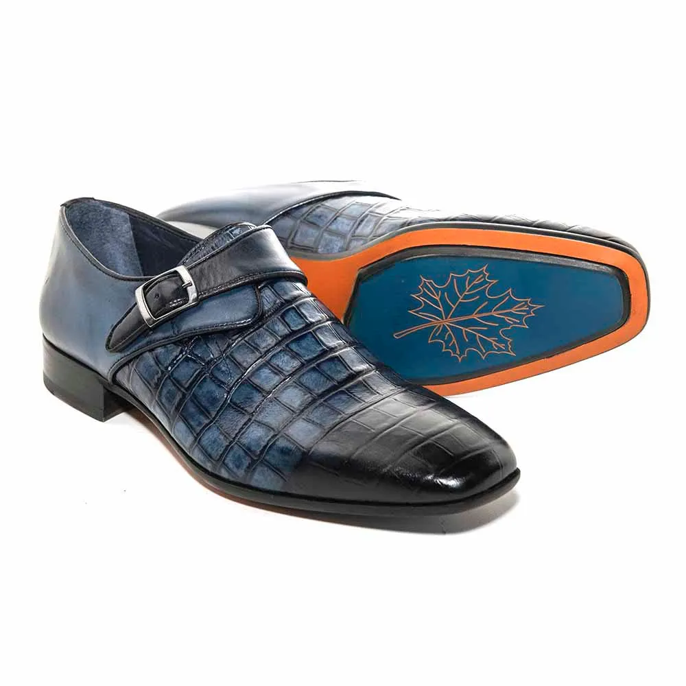 SIGOTTO Uomo Navy Blue Crocodile Buckle Monk Shoes