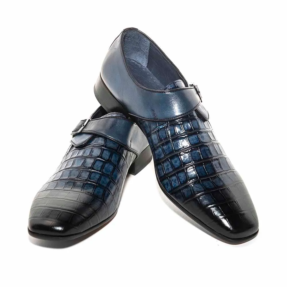 SIGOTTO Uomo Navy Blue Crocodile Buckle Monk Shoes