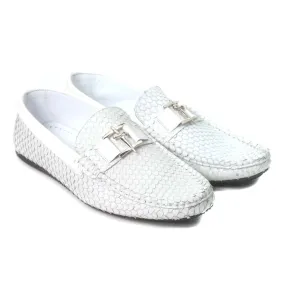 Sigotto Uomo White Embossed Snake Print Loafer with Rubber Sole