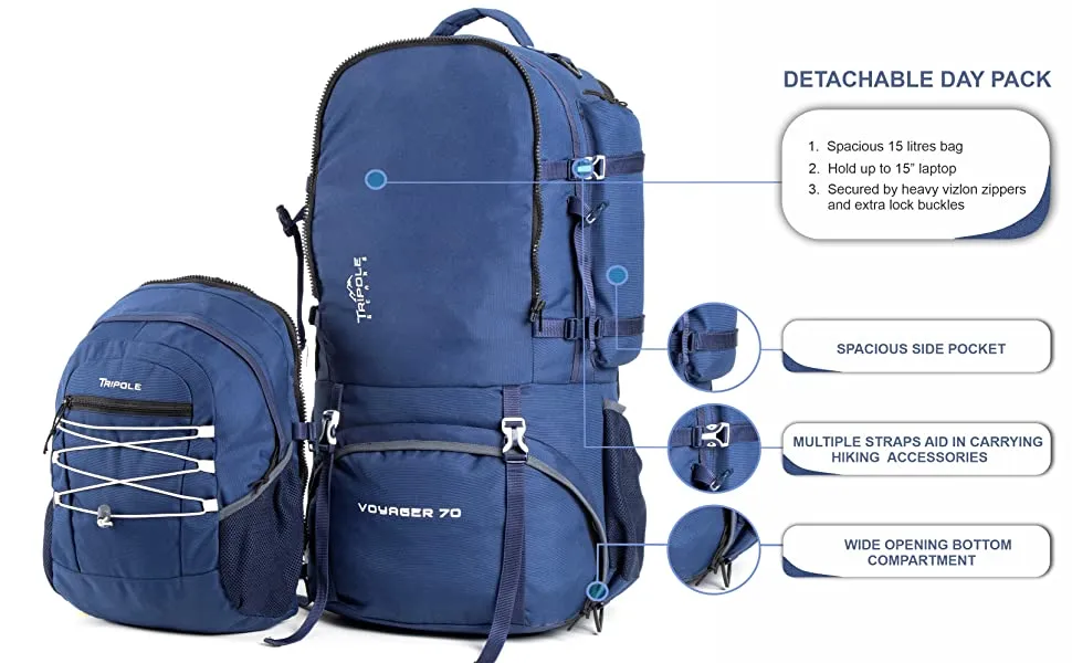 Tripole Voyager Rucksack and Backpack for Travelling with Detachable Bag | 70 Litres | Navy Blue